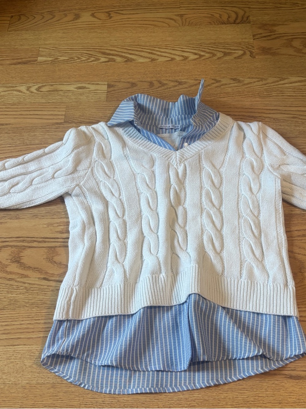 ' Cream Cable-Knit Sweater with Blue Striped Shirt Hem